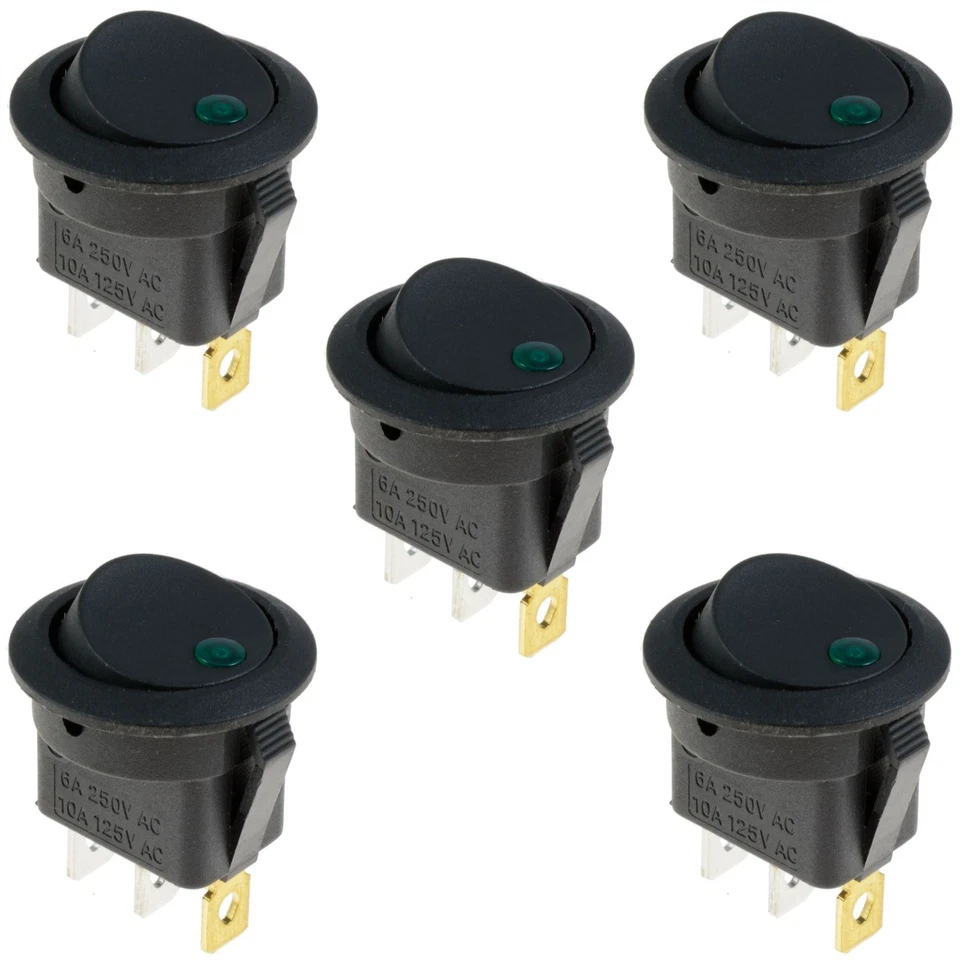 SWITCH ELECTRONICS 5 x Green LED On/Off Round Rocker Switch Lighted Car Dashboard Dash 12V