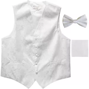 New Polyester Men's Tuxedo Vest Waistcoat & Bow tie_hankie Paisley White formal - Picture 1 of 5