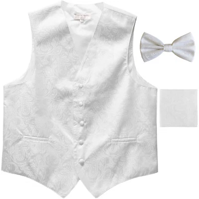  New Polyester Men's Tuxedo Vest Waistcoat & Bow tie_hankie Paisley White formal - Image 1 of 4