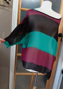 Allegra K Designs Top Color Block Boat Neck Sheer Blouse Oversized Sexy Sz Med - Picture 1 of 5