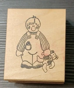 Holly Berry House Boy & his teddy bear Rubber Stamp Wood mounted Vintage - Picture 1 of 7