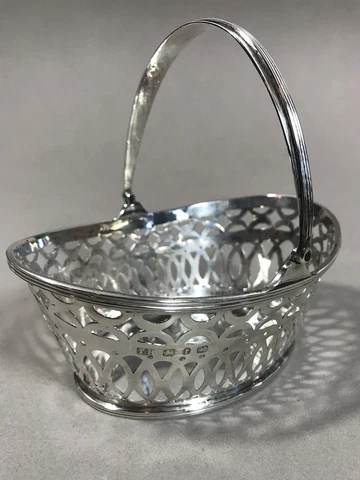 Antique Mini ENGLISH STERLING Reticulated Swing Handle Basket 1893 Birmingham Cover