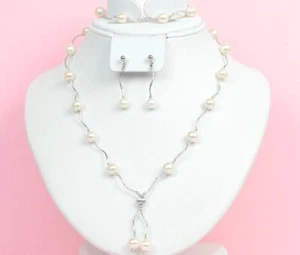 14k White Gold Charming Genuine White Pearls Set: Necklace, Bracelet, Earrings - Picture 1 of 10
