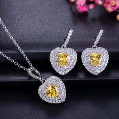 Silver Plated Small Heart CZ Pendant Necklace Drop Earrings Zirconia Jewelry Set - Image 1 of 4