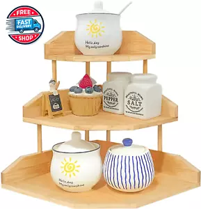 Bamboo Spice Rack Corner Shelves-3 Tier Standing Pantry Shelf for Kitchen Count - Picture 1 of 12