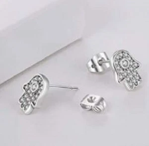 Italina Silver Stud Hamsa Hand Shaped Cubic Zirconia Round Cut Jewelry Earring - Picture 1 of 1