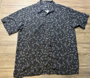 J. Ferrar Geometric Silk Short Sleeve Button Up Shirt Mens Size Large Black Blue - Picture 1 of 5