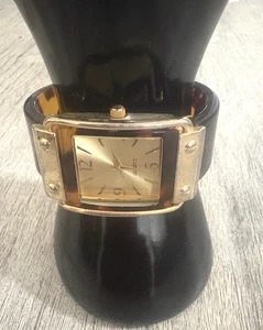 JCP 1332 Quartz Watch Animal Print Tortoise Lucite Square Cuff  Gold Tone VTG - Bild 1 von 10