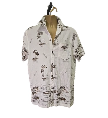 Vintage Key West Mens XL Hawaiian Button Up Shirt Pocket Cream Brown Tropical - Image 1 of 4