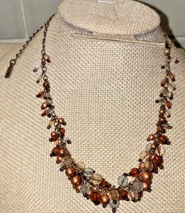 1928 Collection Cluster Rhinestone Moon Glow Necklace Copper Rose Tone 18” - Picture 1 of 6