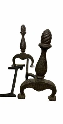 Pair Of Ornate Heavy Andirons Firedogs Missing One Bolt Free US Shipping - Image 1 of 4