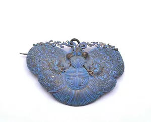 1920's Chinese Silver Kingfisher Feather Pin Necklace Pendant Butterfly - Picture 1 of 9