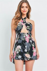 Black Floral Mini Halter Dress Size Medium Summer Tropical Travel 