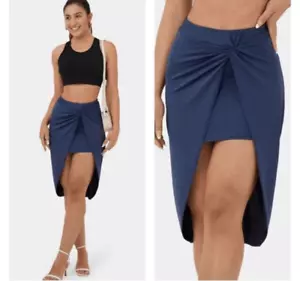 Halara Twisted Split High Low Bodycon Midi Mini Casual Skirt Navy Dark Blue S - Picture 1 of 8