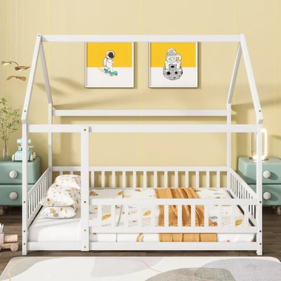 Marco de cama de madera para cama de piso de casa de tamaño completo FUNIDEE con marco de techo cerca blanco Foto 1 de 4