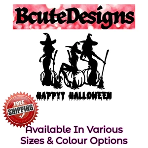 HAPPY HALLOWEEN 3 HEXEN VINYL ABZIEHBILD TRANSFER AUFKLEBER WANDFENSTER PUMPKIN BESEN - Bild 1 von 5