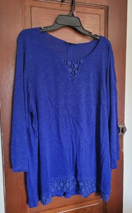 Camisa para mujer Cable & Gauge 2X azul manga 3/4 ganchillo encaje acento - Imagen 1 de 4