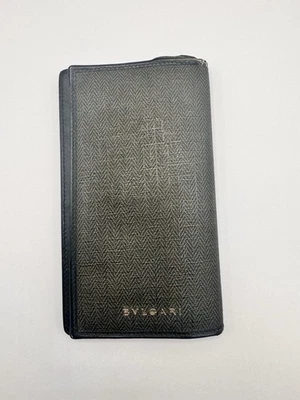 Carteira longa BVLGARI autêntica fim de semana bi-dobrável couro cinza escuro × preta VN02 - Imagem 1 de 4