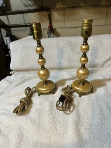 Pair Art Deco Indulite Stacked Gold Ball Boudoir Lamps Cloth Cords 11” Tall - Picture 1 of 14