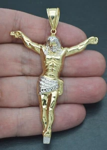 Real 10k Two Tone Solid Gold Diamond-Cut Crucifix Jesus Body Pendant 3.10'' - Picture 1 of 4