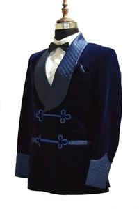 Giacca da fumo trapuntata classica blu blazer velluto matrimoni cena sera cappotto - Foto 1 di 3