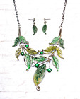 Large Green Leaf Necklace And Earring Set With Green Crystals, Green Leaves  New