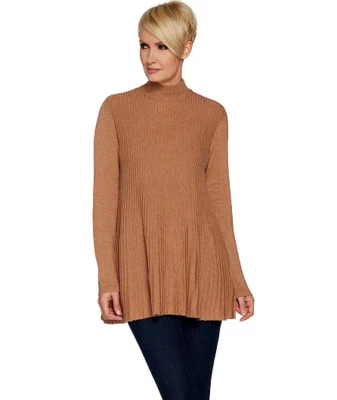 Joan Rivers Mock Turtleneck Pleated Swing Tunic, Heathered Mink, S - Image 1 of 4