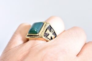 Gold Plated Stainless Steel Genuine Green Chrysoprase Men's 10.5 Cross Ring