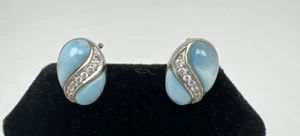Turquoise White  and clear rhinestone Pierced Earrings 1/2" dainty Silver tone - Picture 1 of 10