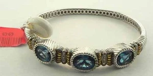 QCD- STERLING SILVER+14K YELLOW GOLD BLUE TOPAZ and DIAMOND BANGLE BRACELET - Picture 1 of 5