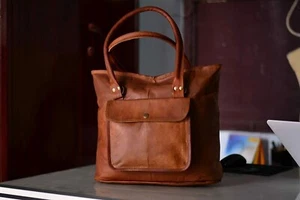 Shoulder Bag Handmade 16" Purse Large Women Vintage Genuine Brown Leather Tote - Picture 1 of 10