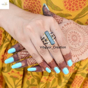 Topaz Gemstone Ring Pave Diamond Sapphire Jewelry 925 Silver Gold Plated Ring - Picture 1 of 6