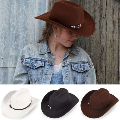 Western Cowboy Cowgirl Cap Retro Wide Brim Felt Panama Jazz Cap for Men Women - Image 1 of 4