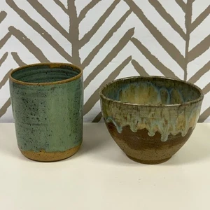 Beautiful Signed Glazed Ceramic Pottery Bowl Cup Vase Set of 2 - Picture 1 of 7