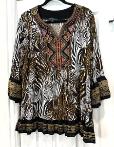 Calessa bestickt Zebra Animal Print Azteken Tunika Shirt Damen Plus 2X (22/24) - Bild 1 von 6