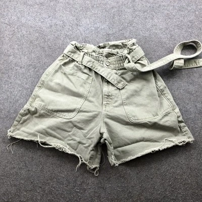 Pantalones Cortos Zara Para Mujer 4 Verde Tiro Alto Bolsa de Papel Cinturón Dobladillo Deshilachado Informal Utilidad Foto 1 de 4