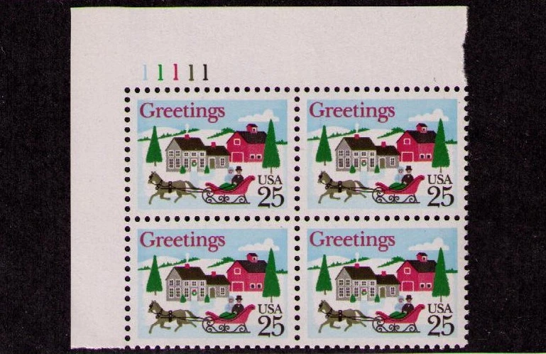 US USA Sc# 2400 MNH FVF PL# BLOCK Christmas Sleigh Ride Snow Pine Tree - Image 1 of 1