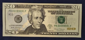 Fancy Serial Number $20 Note With Bleed Through Errors 4-of-a-kinds PK00099991F - Picture 1 of 14
