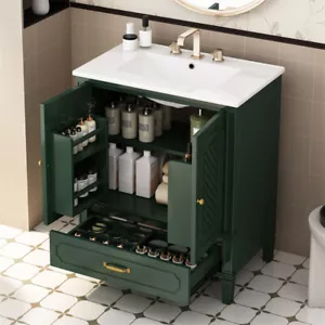 30" Vintage Bathroom Vanity with Ceramic Sink Cabinet w/Multi-Functional Storage - Picture 1 of 23