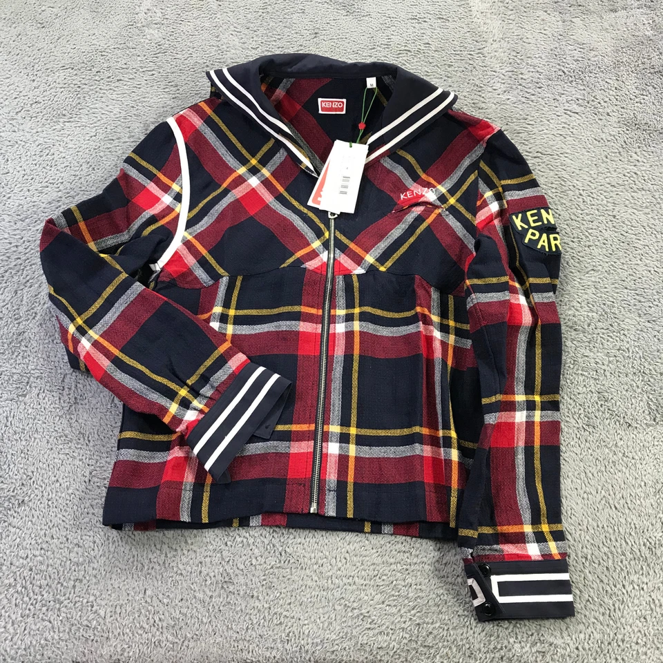 KENZO Jacket Mens Medium Check Sailor Overshirt Jacket Full Zip Plaid Red Linen - Image 1 of 4
