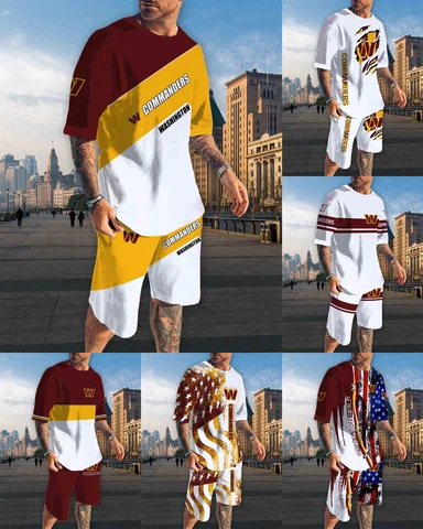 Washington Commanders Mens Summer Loose Tops Running Board Shorts 2PCS Tracksuit Cover