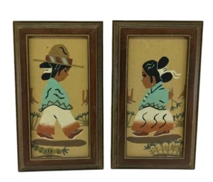 Navajo Sand Paintings Pair of Framed Artwork Two Girls READ!!!! - Picture 1 of 12