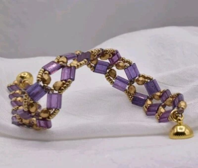 Armband Damen Schmuck handarbeit Lila Gold Perlen Glasperlen 16cm Magnetverschlu - Bild 1 von 4