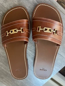 CELINE Brown Leather Lerins Triomphe Slide Sandals Size 40/10 - Picture 1 of 7