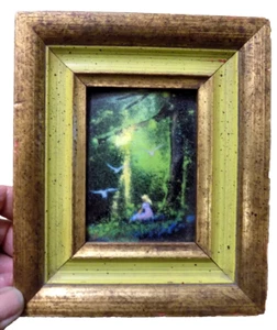 Vintage signiert C Simkin Mädchen Vogel Wald Emaille auf Kupfer Gemälde verzierter Rahmen 7x6" - Bild 1 von 5