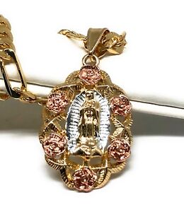 Virgen De Guadalupe Medalla Pendant Necklace 26” Flores Cadena Oro Laminado