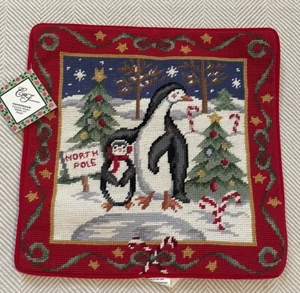 Vintage Penguins Christmas Needlepoint Pillow Cover New - Picture 1 of 7