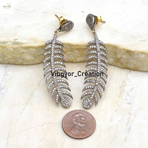 Pave Diamond Leaf Earrings 925 Sterling Silver Dangle Earrings Anniversary Gift - Picture 1 of 3