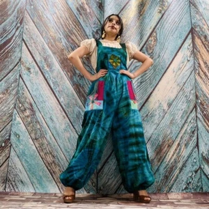 Hand Tiedye Boho Hippy Patchwork Overall Wide Leg Jumpsuit Jumper Romper - Picture 1 of 8