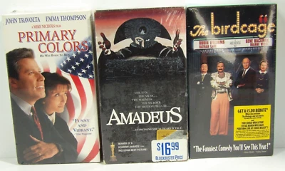 Lot of 3 VHS Movies Primary Colors Amadeus The Birdcage New Sealed - Image 1 of 4